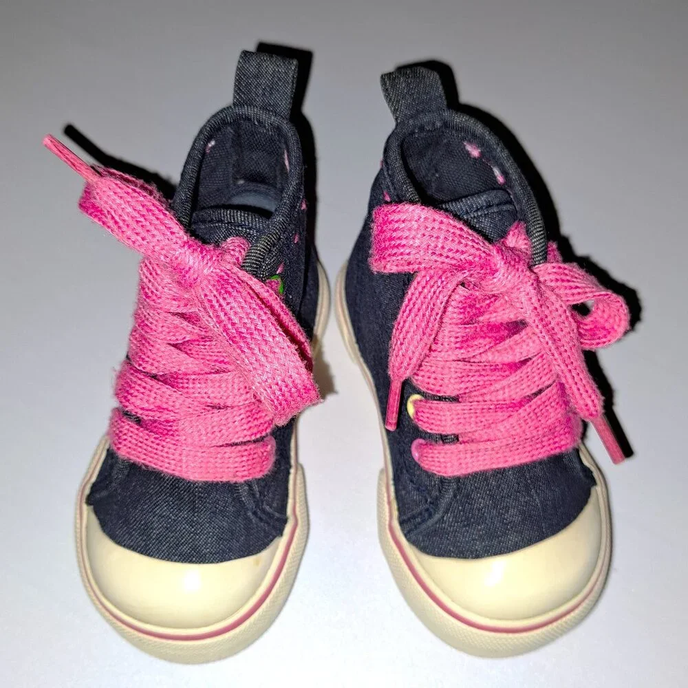 Baby Gap Infant Blue Denim High-Top with Pink Heart Embroidery Shoes-Sneakers